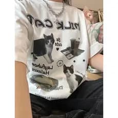 Harajuku Camiseta De Gola Redonda De Gato E Cachorro Y2K casual streetwear 2021 super Fogo kawaii plus size Das Mulheres Fofo
