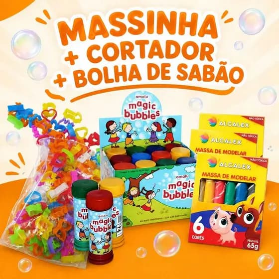Caixa Massinha + bolha sabão + cortador kit lembrancinha festa