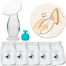 Coletor Leite Materno de Silicone + 5 Potes de Vidro para Armazenar leite materno 200ml Super Mamãe