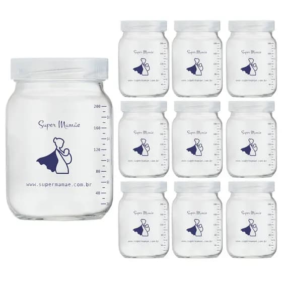 Pote de Vidro 200ml para Leite Materno com Tampa Plástica Super Mamãe