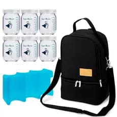 Mochila Térmica Super Mamãe + 6 Potes de Vidro 150ml BPA Free Leite Materno