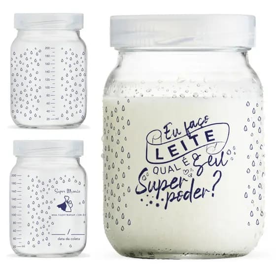 Kit Pote para Leite Materno 200ml de Vidro BPA Free Super Poder!