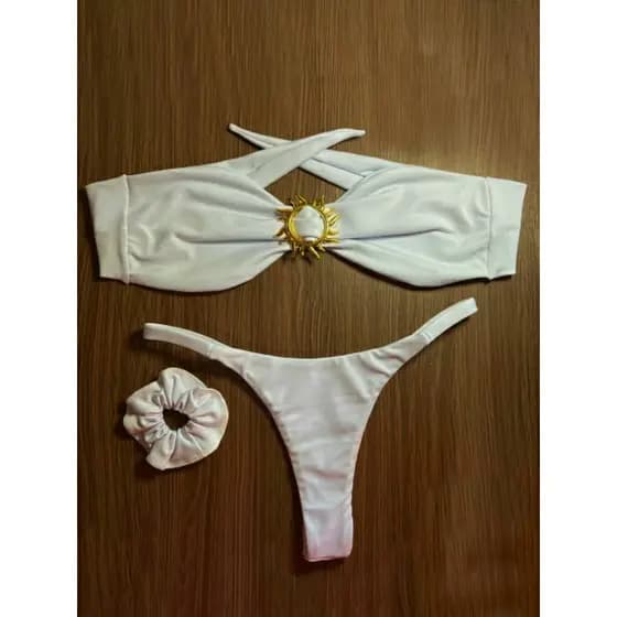 Biquíni tomara que caia calcinha com detalhes de sol + calcinha fita bronze semi fio