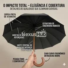 Guarda-chuva NexusHub 16 Varetas Reforçado Haste Madeira Nobre Cabo Curvo Premium Preto Unisex