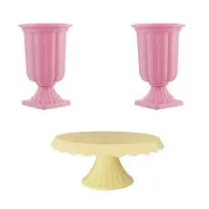 Kit 1 Boleira Slim Amarelo Bebe + 2 Vasos 19 Cm Rosa Bebe Para Decoração Festas