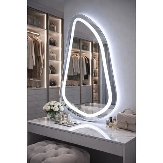 Espelho Orgânico com LED E COURO 120x60 Espelho Decorativo Moderno de Parede para Banheiro, Sala ou Quarto