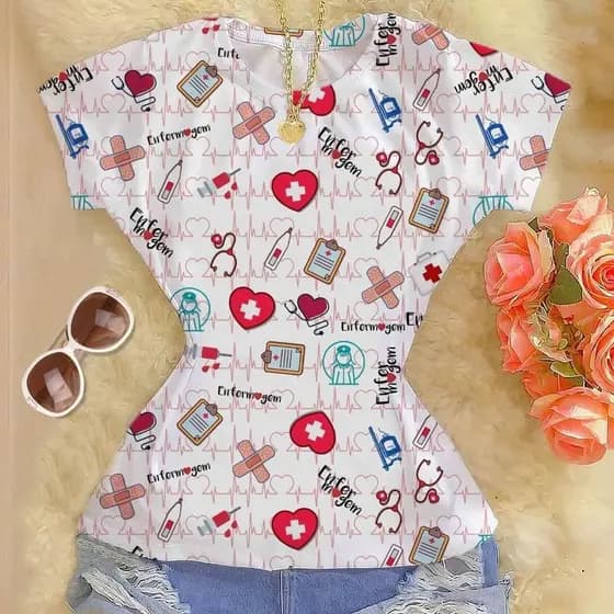 Baby Look Feminina Enfermagem Blusinha Profissão Saúde Estampada Manga Curta Uniforme