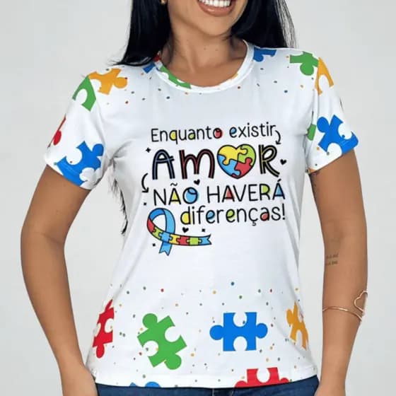 TShirt Feminina Autismo Blusinha Inclusão Amor Estampa Quebra Cabeça Branca Premium