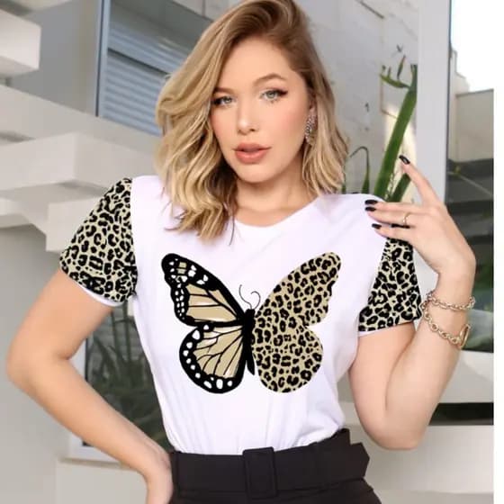 Tshirt Feminina Luxo Borboleta Animal Print Blusa Estampada Manga Curta Básico Gola Redonda