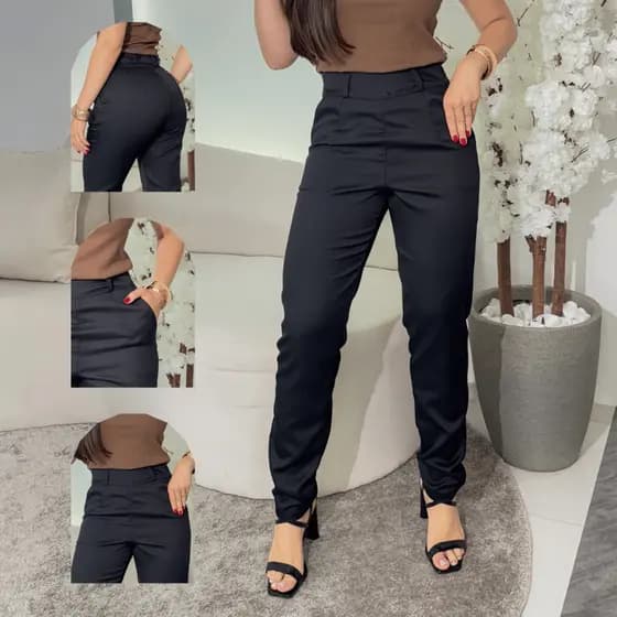Calça Alfaiataria Feminina Social Cintura Alta Moda Elegante Modeladora Com Bolsos P a G1