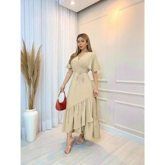 Vestido Longo Envelope Transpassado Manga Curta Decote V Detalhe Saia Em Babado Moda Feminina X059