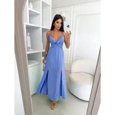 Vestido Longo Feminino Decote V C/Duas Fendas COD:173-Liso