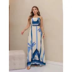 Vestido Longo Feminino Estampa Coqueiro Alça Dupla Babado Removivel Elástico Nas Costa COD:226