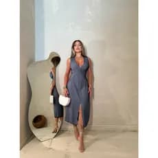 Vestido Feminino Midi Alça Larga Decote V Com Fenda Elegante Festa Formatura Evento Codigo:183Liso