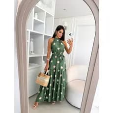 Vestido Longo Feminino Estampa de Bolinha Gola Alta Soltinho C/Cinto COD:041Bolinha