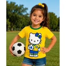 Camiseta Infantil Feminina Hello Kitty Brasil Futebol Copa Menina
