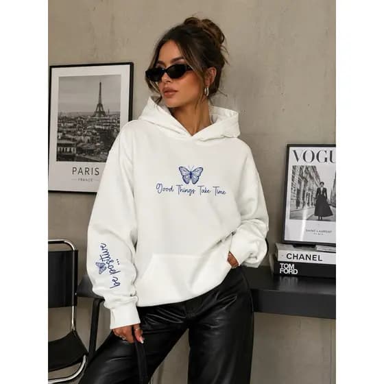 Moletom Oversized Feminino Flanelado Capuz Estampa Borboleta Casual Inverno