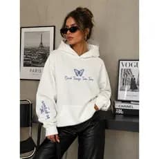 Moletom Oversized Feminino Flanelado Capuz Estampa Borboleta Casual Inverno