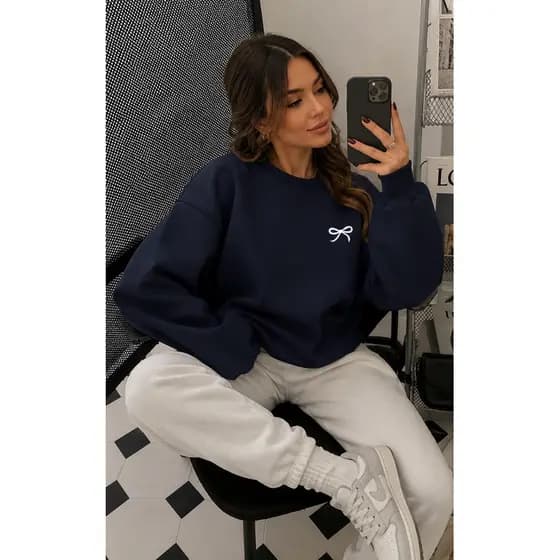 Moletom sem capuz careca Feminino Laço Estampa Bow Pulôver Manga Comprida Blusa de Frio Casaco Moletom