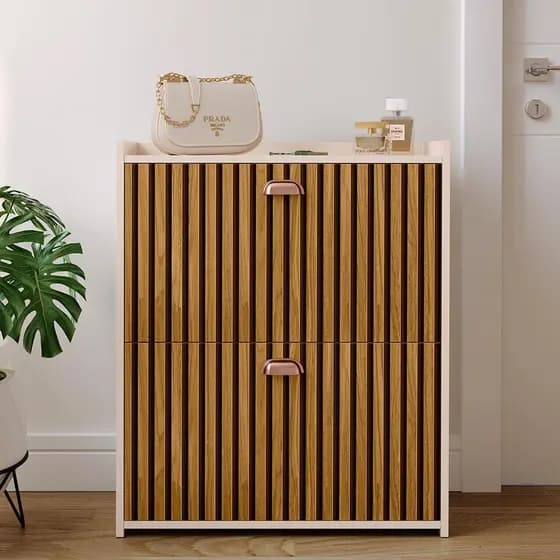 Sapateira De Madeira Vertical 2 Portas Basculantes 12 Pares de Sapato Puxador Concha Hall de Entrada Quarto Closet