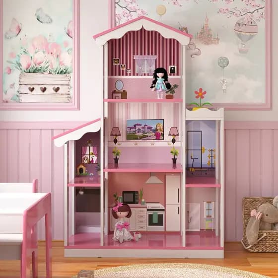 Mega Casinha de Boneca dos Sonhos 8 Cômodos Adesivada - Branco com Rosa