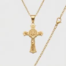 Corrente Crucifixo São Bento INRI Colar Cordão Semijoia Aço Inox 316L Banhada Ouro 18k Não Escurece