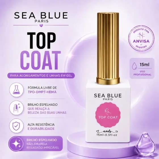 Top Coat Sea Blue 15ml para Alongamento com Acabamento Premium