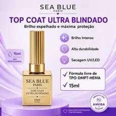 Top Coat Blindado SeaBlue com 15ml Selante Unha Gel LED UV Ultra Brilho