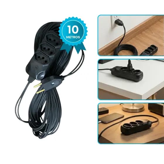 Extensão Elétrica 10 Metros 3 Tomadas 10A Bivolt Reforçada Preta