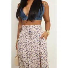 Saia Longa Viscolinho Com Bolsos Com Fenda Lateral Forrada Moda Casual Floral Estampada