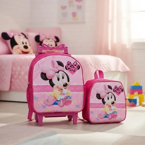Kit Escolar Mochila Lancheira Carrinho Minnie Baby Rosa Menina