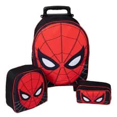 Kit Mochila Infantil Homem Aranha Máscara de Rodinhas + Lancheira + Estojo Preto