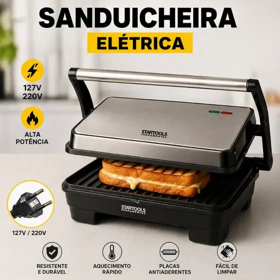 Sanduicheira Grill Elétrica 1000W Inox Alta Potência Compacta Fácil Limpeza