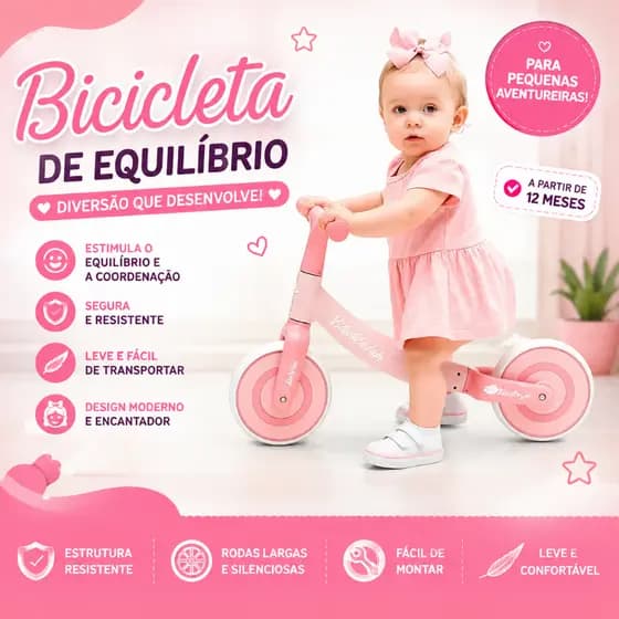 Bicicleta Equilibrio Infantil Rosa Sem Pedal Facil Seguro Diversao