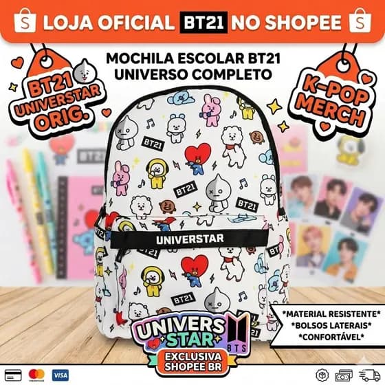Mochila Escolar Juvenil Personagens BT21 Estilo Casual Resistente Branca Infantil