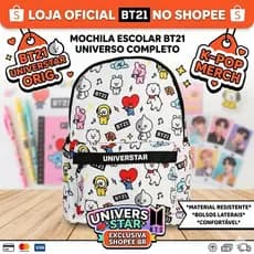 Mochila Escolar Juvenil Personagens BT21 Estilo Casual Resistente Branca Infantil
