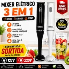 Mixer Elétrico Portátil 3em1 700ml 127V/220V Triturador Multiuso Sucos Vitaminas Shakes Sopas Molhos