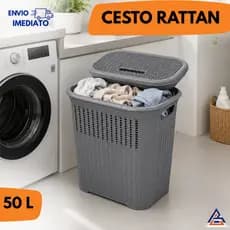Cesto Rattan 50L com Tampa – Organizador Multiuso para Roupa, Banheiro, Lavanderia ou Escritório