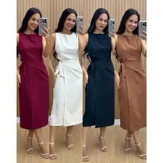 Vestido Feminino Alfaiataria Mídi com Amarração Lateral Elegante P ao G