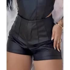Short Courino Social Feminino Cintura Alta Ziper Lateral