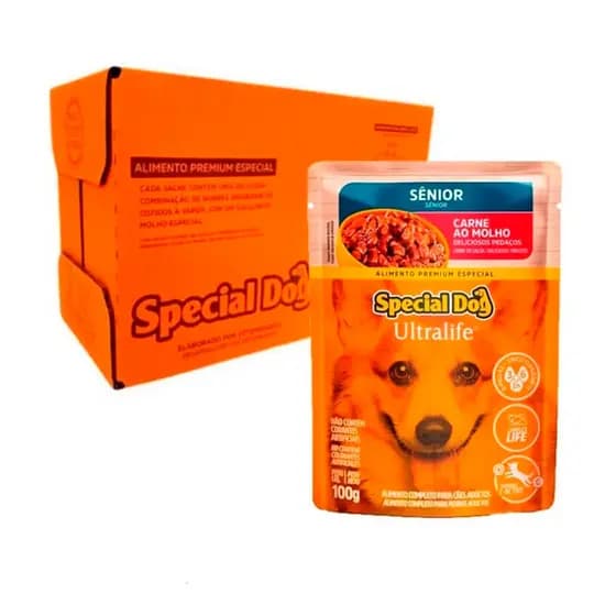 Caixa 12 un Ração Úmida Special Dog Ultralife Sachê Cães Sênior Sabor Carne ao Molho 100g