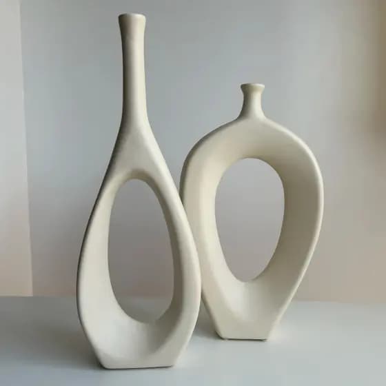 Conjunto Duo Escultura Anel em Cerâmica Off White Fosco
