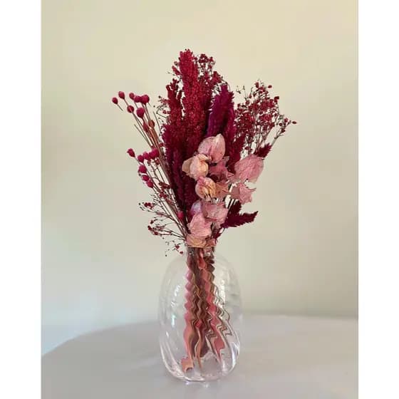 Arranjo Desidratado Frente Única Pink Waves + Vaso Canelado Mart com Borda Dourada