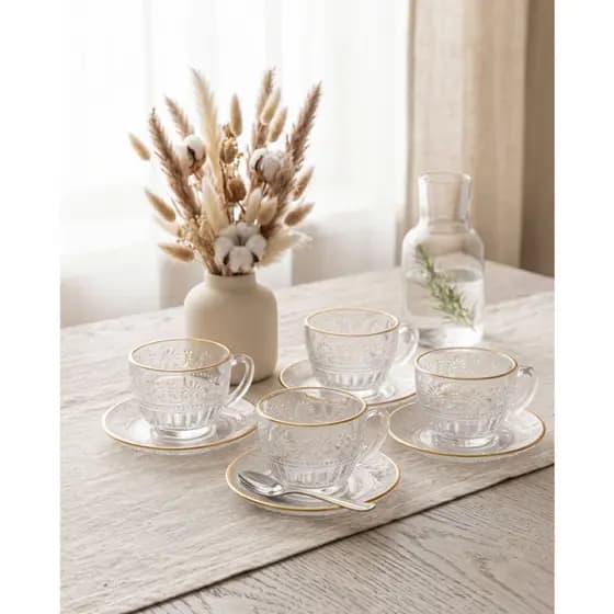 Conjunto 4 Xícaras de Chá com Pires Mauve com Fio de Ouro 220ml Cristal