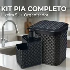 Kit Pia Cozinha bancada Rattan Preto Lixeira 5L + Porta Detergente Bucha ou Porta Sabão Resistente