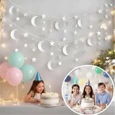 Bandeirinha Luas e Estrelas Prata Decoração Festa Aniversário Decorar Enfeitar Enfeite DIY Prateada