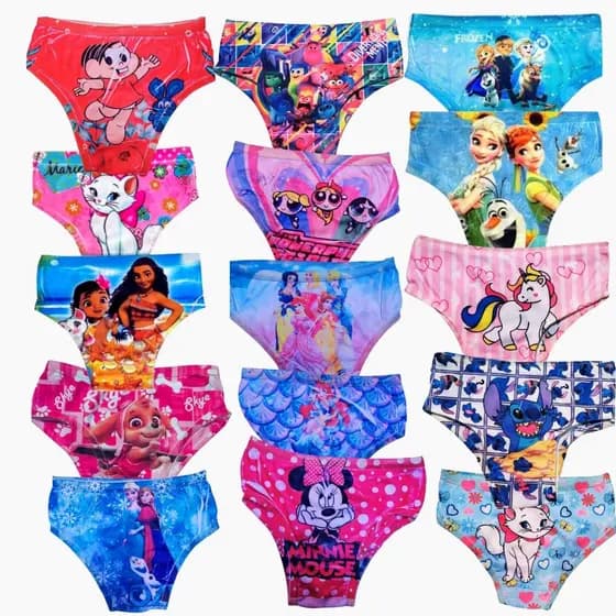 Kit 10 Calcinha Tanga Infantil Sublimada Roupa Menina Personagens Calçolinha Juvenil