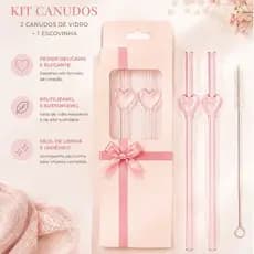 Kit com 2 Canudos de Vidro Reutilizáveis Coração Luxo + Escova de Limpeza Higienizadora