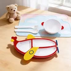 Kit Alimentação Prato com divisoria Avião Divisória Bowl e Talheres Infantil