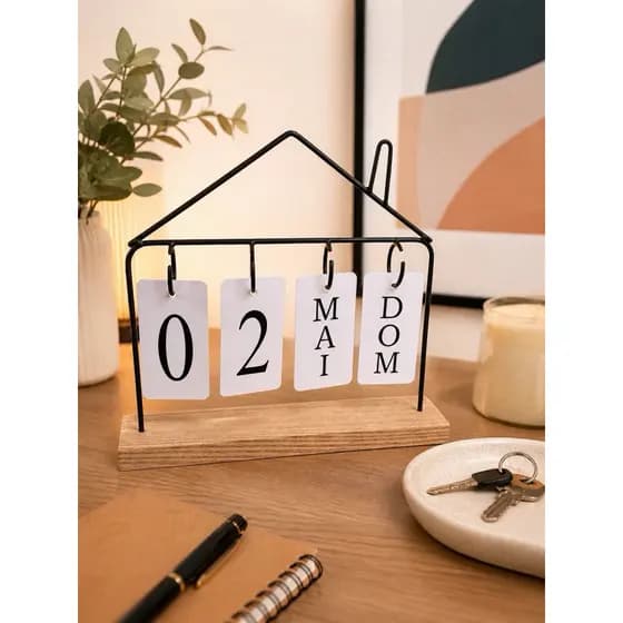 Calendário de Mesa Decorativo Permanente Base Madeira - Formato Casa